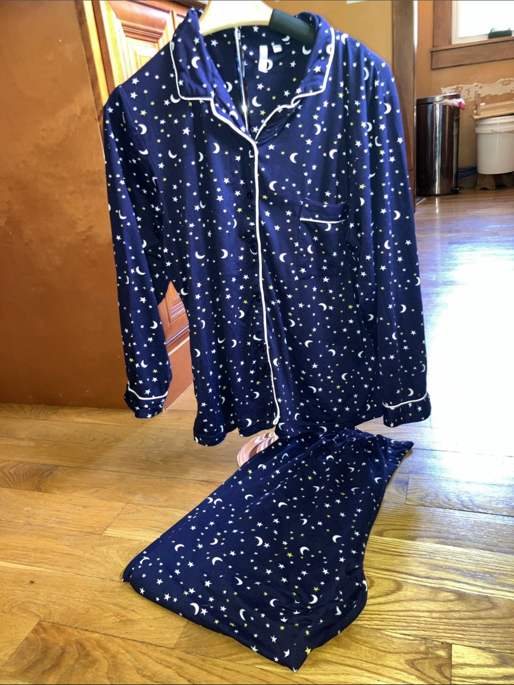 Vtg Y2K Celestial Pajama Set XL Blue Sun Moon Stars Long Sleeve Women Lounge